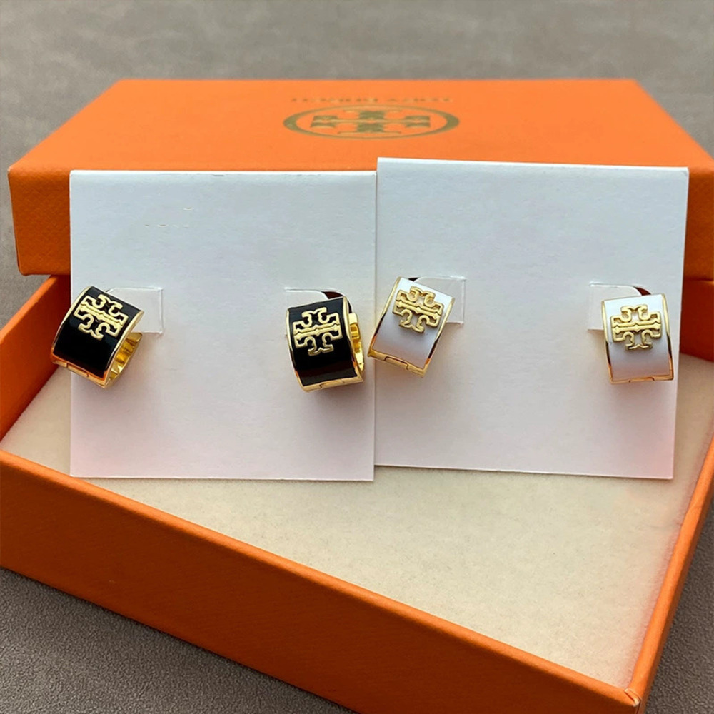 Tory Burch Gold Plated Double Round Enamel Stud Earrings